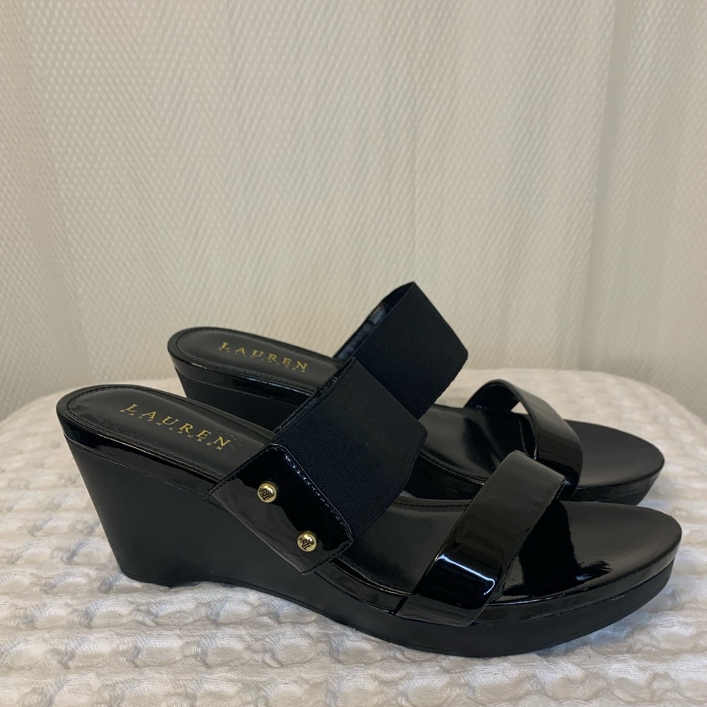 Lauren Ralph Lauren Leather and Fabric Upper Wedge Platform Sandal